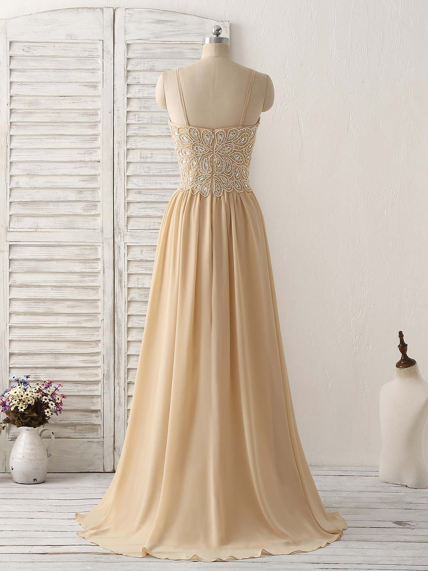 Champagne Sweetheart Neck Beads Long Prom Dress Evening Dress - Deanwangkt