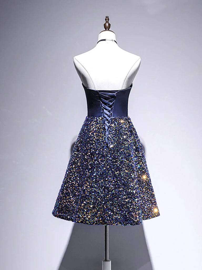 Dark Blue A-Line Sequin Lace Short Prom Dress, Blue Homecoming Dress - Deanwangkt