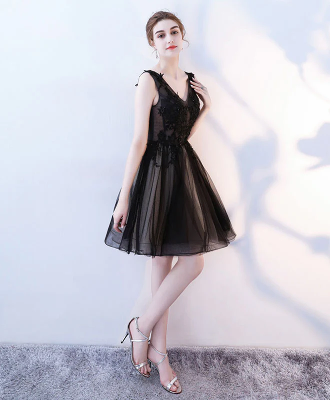 Black V Neck Tulle Lace Short Prom Dress, Homecoming Dress - Deanwangkt