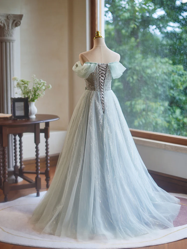 A-Line Off Shoulder Tulle Green Long Prom Dress, Green Long Evening Dress - Deanwangkt