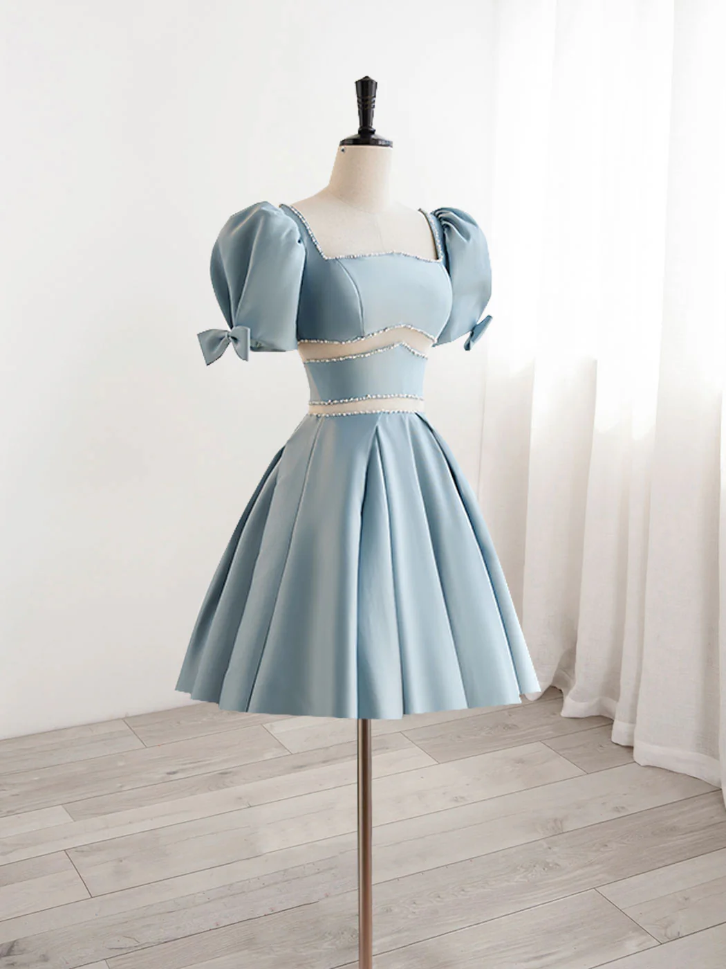 A-Line Square Neckline Blue Short Prom Dress, Cute Blue Homecoming Dress - Deanwangkt