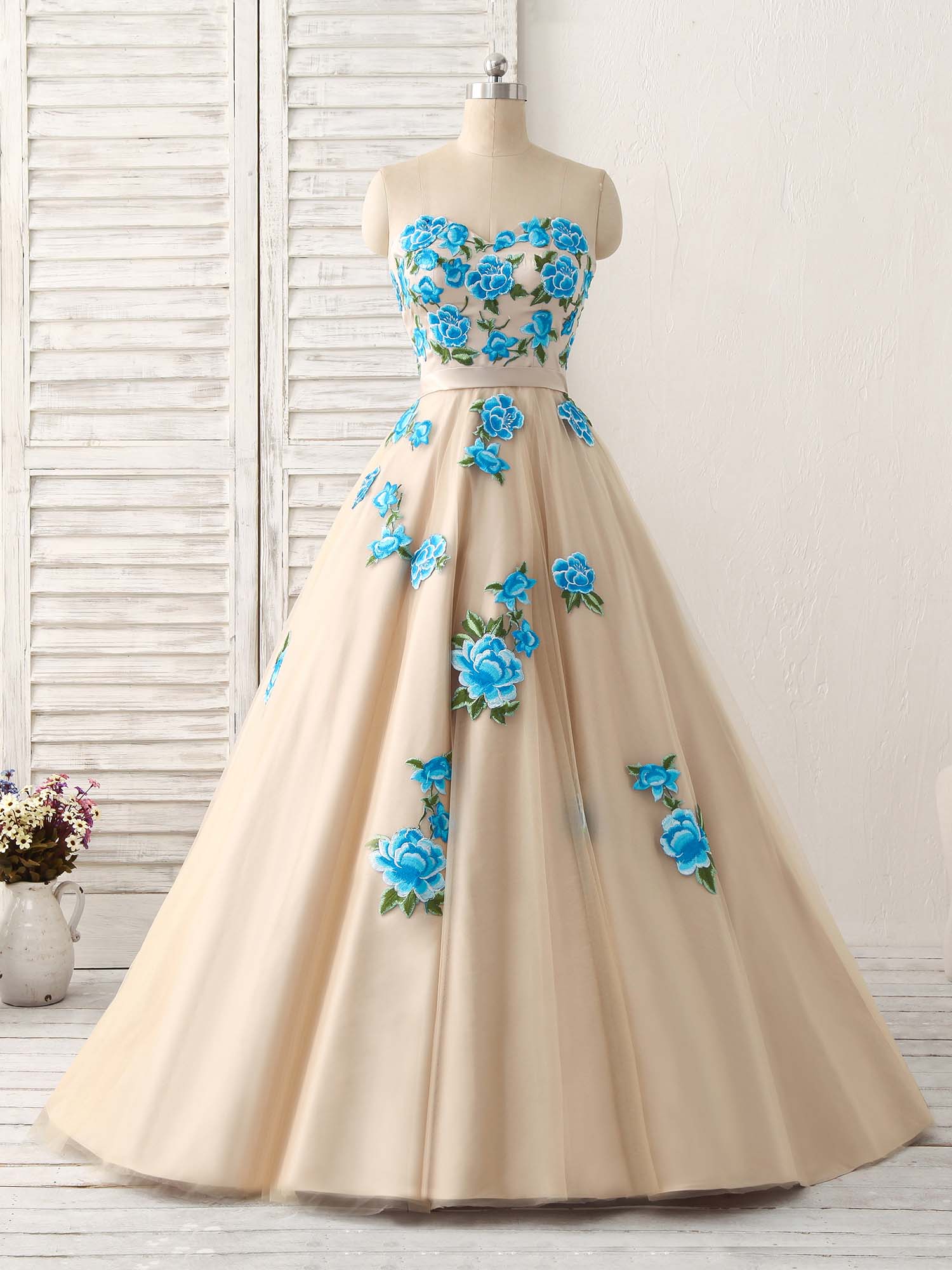 Champagne Tulle Lace Applique Long Prom Dress, Champagne Evening Dress - Deanwangkt