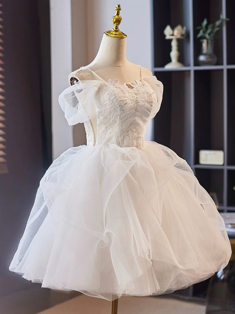 Off Shoulder Sweetheart Neck Tulle Lace White Short Prom Dress - Deanwangkt
