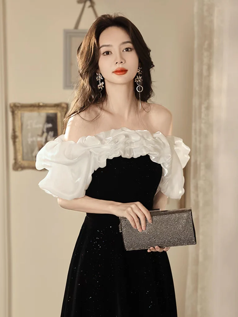 A-Line Off Shoulder Velvet Black Long Prom Dress, Black Long Evening Dress - Deanwangkt