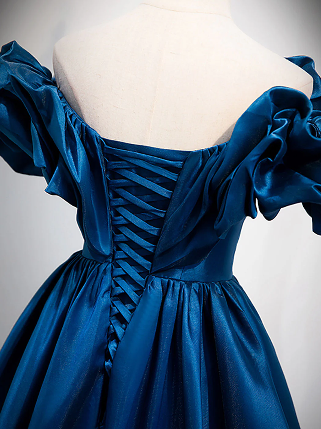 A-Line Off Shoulder Satin Blue Long Prom Dress, Blue Evening Dresses - Deanwangkt