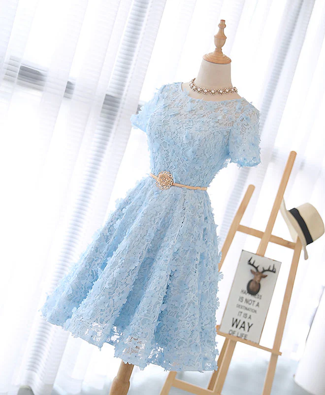 Cute Blue Lace Short Prom Dress, Blue Homecoming Dress - Deanwangkt