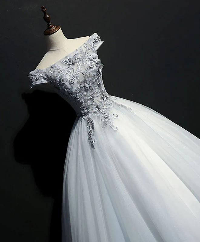 Gray Tulle Lace Off Shoulder Long Prom Gown Tulle Lace Evening Dress - Deanwangkt