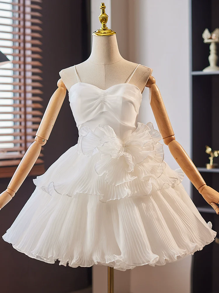 White Sweetheart Neck Organza Short Prom Dress, White Homecoming Dress - Deanwangkt