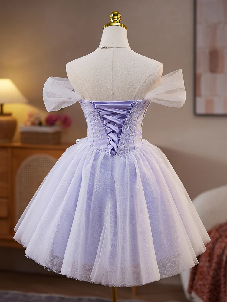 A-Line Sweetheart Neck Tulle Lace Short Purple Prom Dress, Purple Homecoming Dress - Deanwangkt
