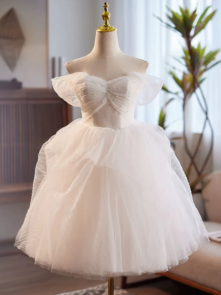 White Sweetheart Neck Tulle Lace Short Prom Dress, White Homecoming Dress - Deanwangkt