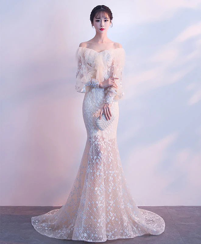 Champagne Tulle Lace Mermaid Long Prom Dress, Tulle Lace Evening Dress - Deanwangkt