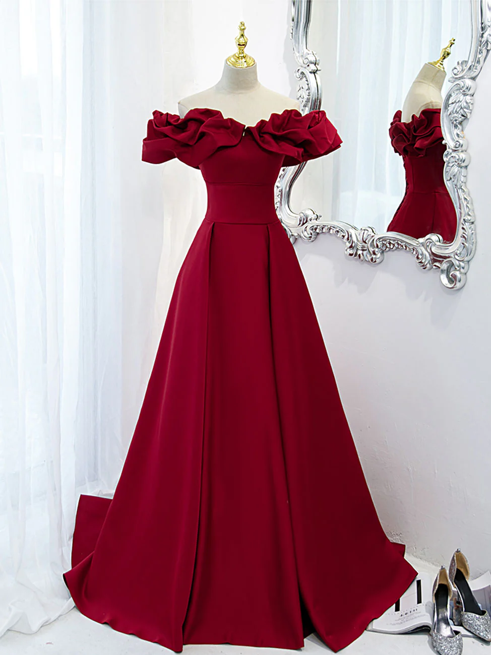 Burgundy Off Shoulder Satin Long Prom Dress, Burgundy Formal Evening Dress - Deanwangkt