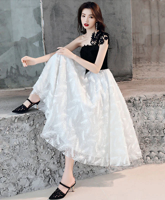 White One Shoulder Tulle Short Prom Dress, White/Black Homecoming Dress - Deanwangkt