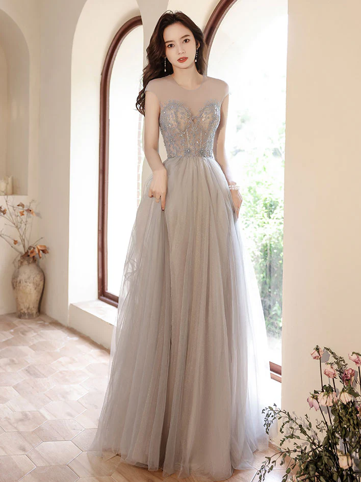 Gray Round Neck Tulle Beads Long Prom Dress, Gray Evening Dress - Deanwangkt