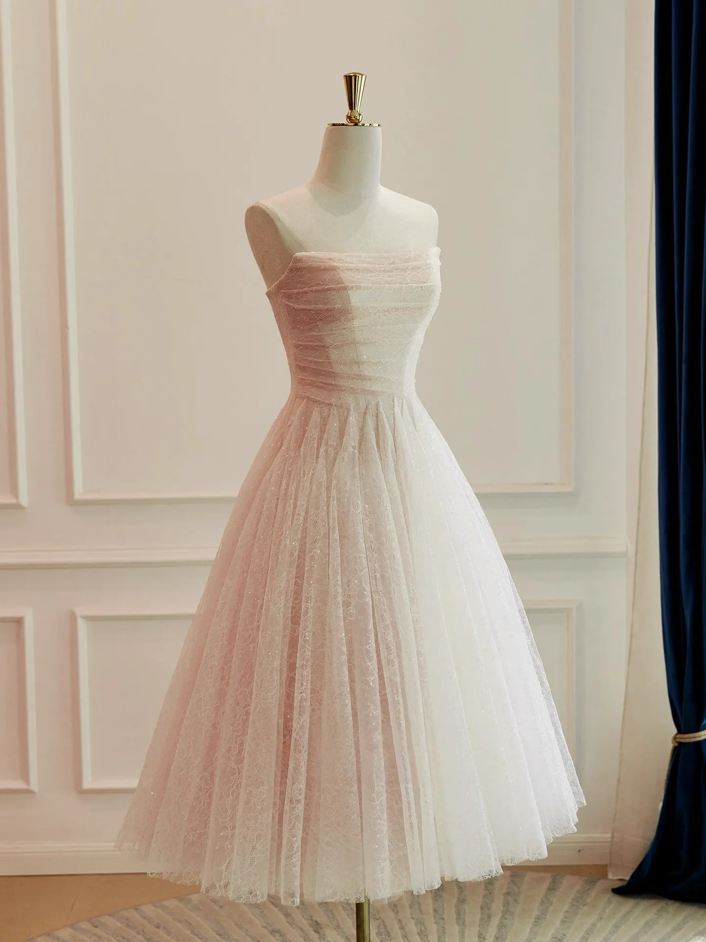A-Line Tulle Lace Short Prom Dress, Light Champagne Homecoming Dress - Deanwangkt