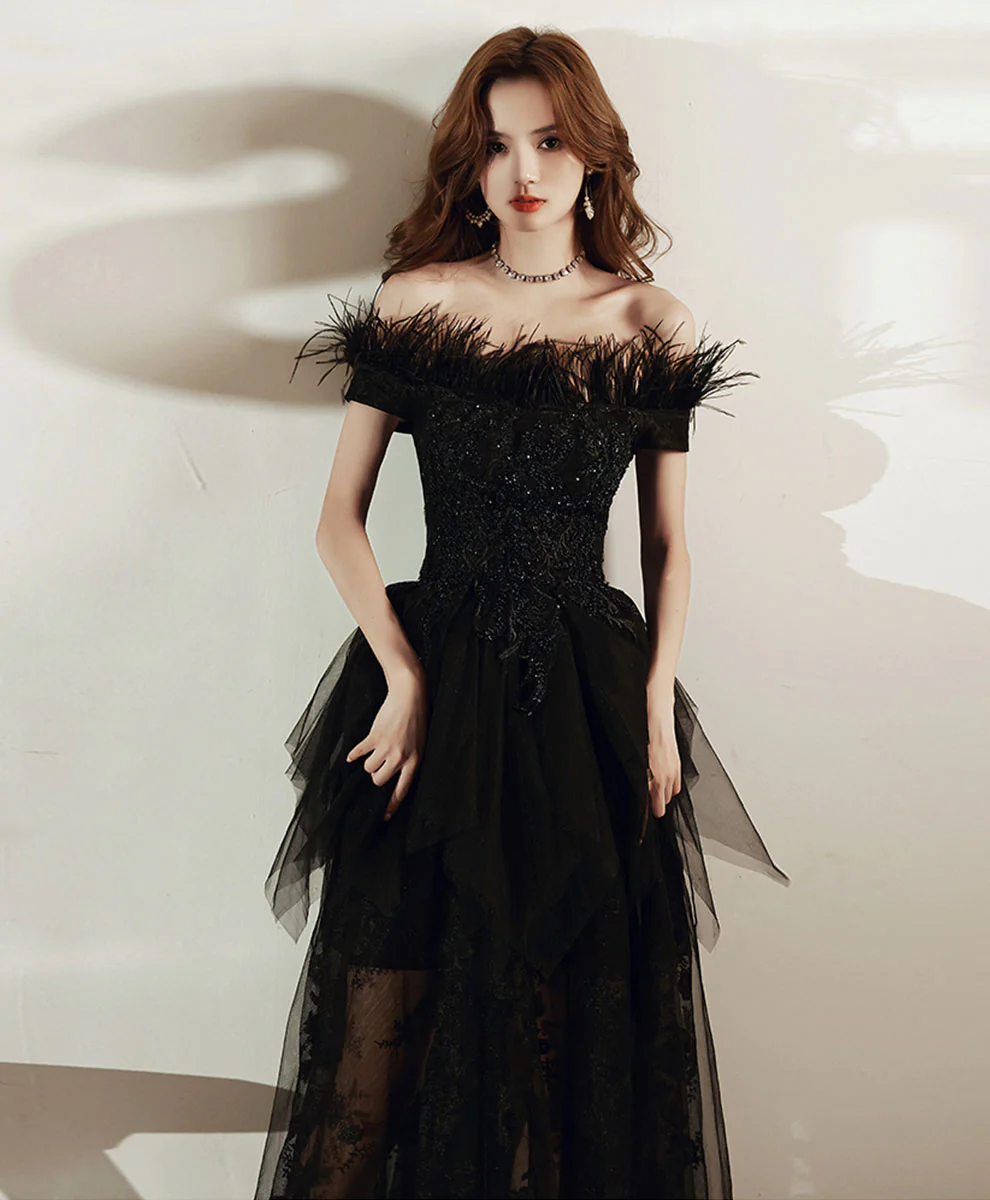 Black Tulle Lace Long Prom Dress, Black Formal Lace Evening Dress - Deanwangkt