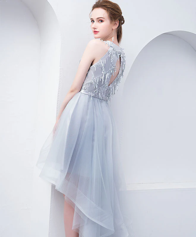 Cute High Neck Gray Tulle Short Prom Dress, Tulle Homecoming Dress - Deanwangkt