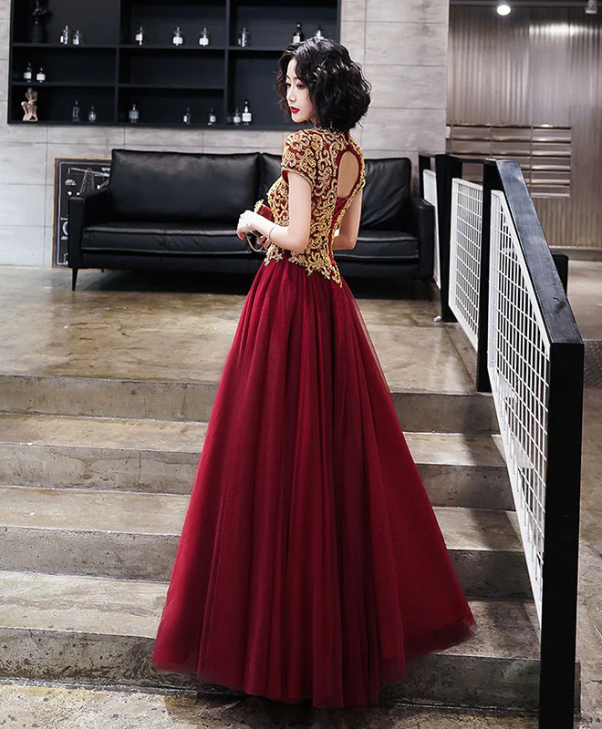 Burgundy Tulle Beads Long Prom Dress, Tulle Burgundy Evening Dress - Deanwangkt