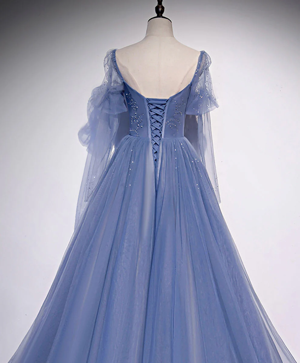 A line Blue Long Prom Dress, Blue Formal Graduation Dress with Beading - Deanwangkt