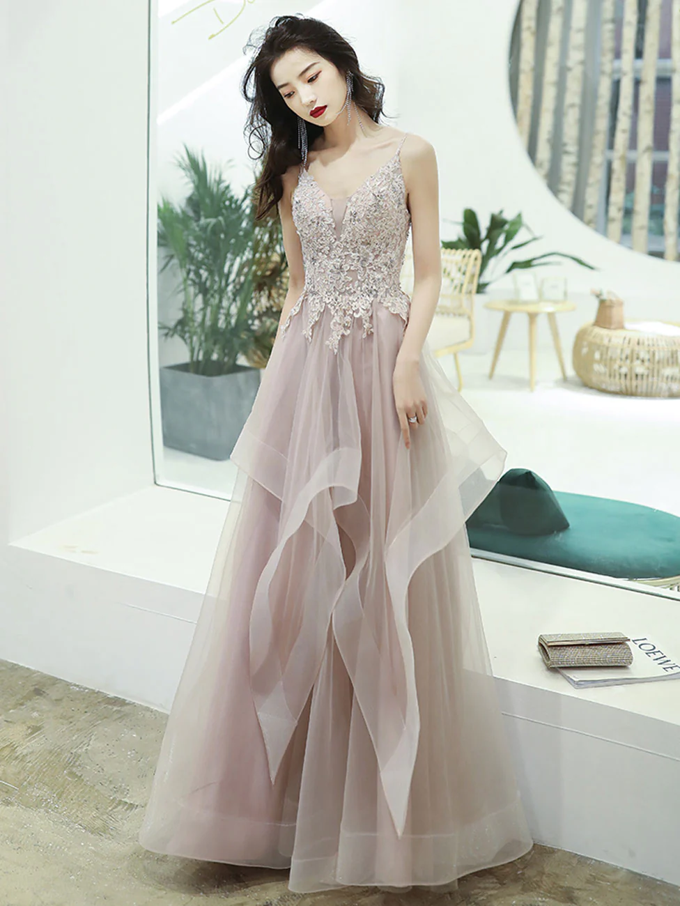A-Line V Neck Pink Long Prom Dress, Pink Formal Graduation Dress with Lace Beading - Deanwangkt