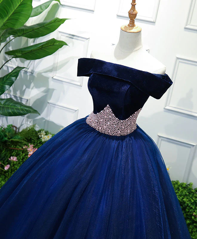 Dark Blue Tulle Off Shoulder Long Prom Dress, Blue Sweet 16 Dress - Deanwangkt