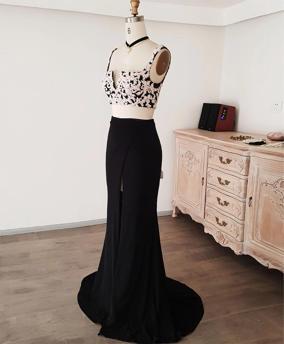 Black Lace Two Pieces Long Prom Dress, Black Evening Dress with Lace Beading - Deanwangkt