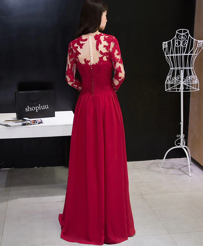 Burgundy Chiffon Lace Long Prom Dress, Bridesmaid Dress - Deanwangkt