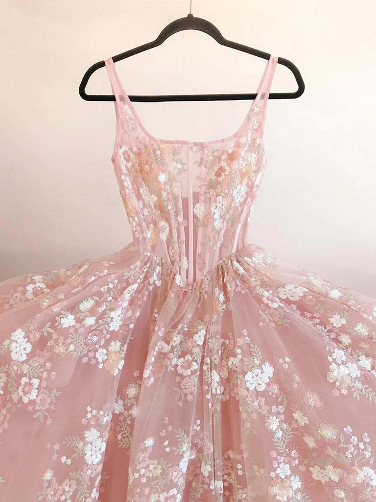 A-Line Tulle Lace Pink Long Prom Dress, Pink Lace Long Formal Dress - Deanwangkt