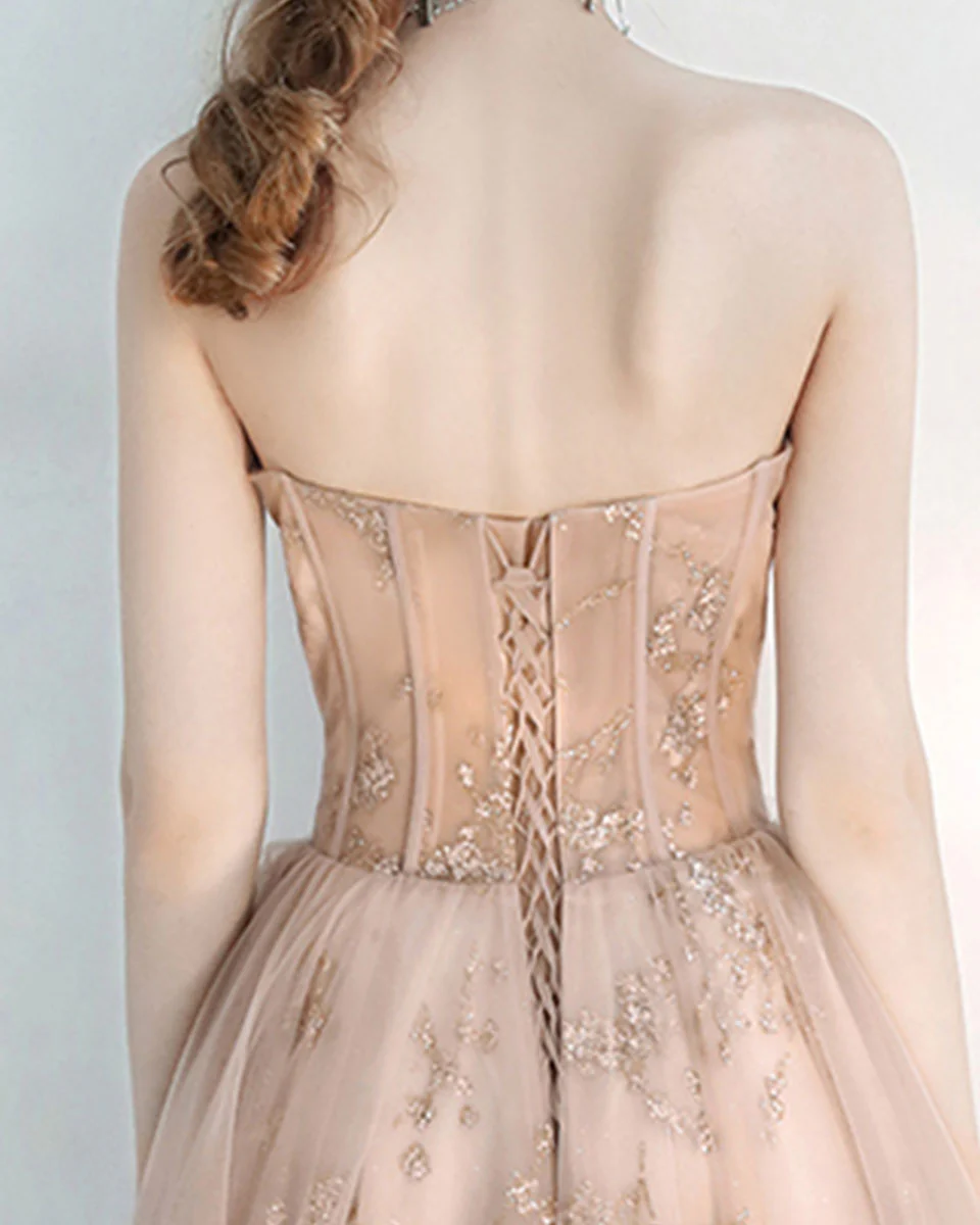 Champagne Sweetheart Tulle Lace Long Prom Dress, Sequin Formal Graduation Dress - Deanwangkt