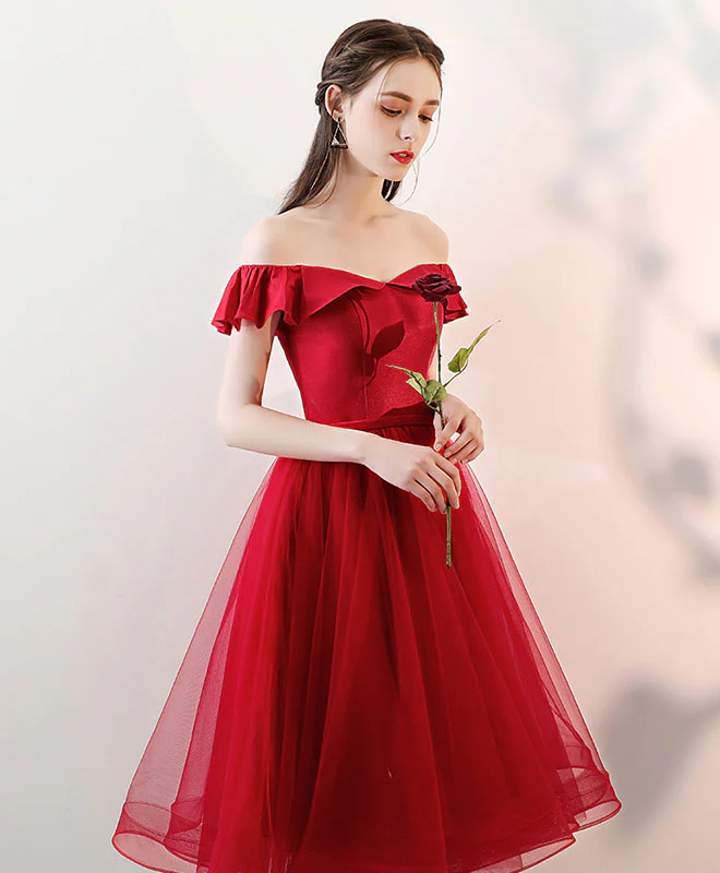 Aline Red Satin/Tulle Short Prom Dresses, Red Formal Homecoming Dresses - Deanwangkt