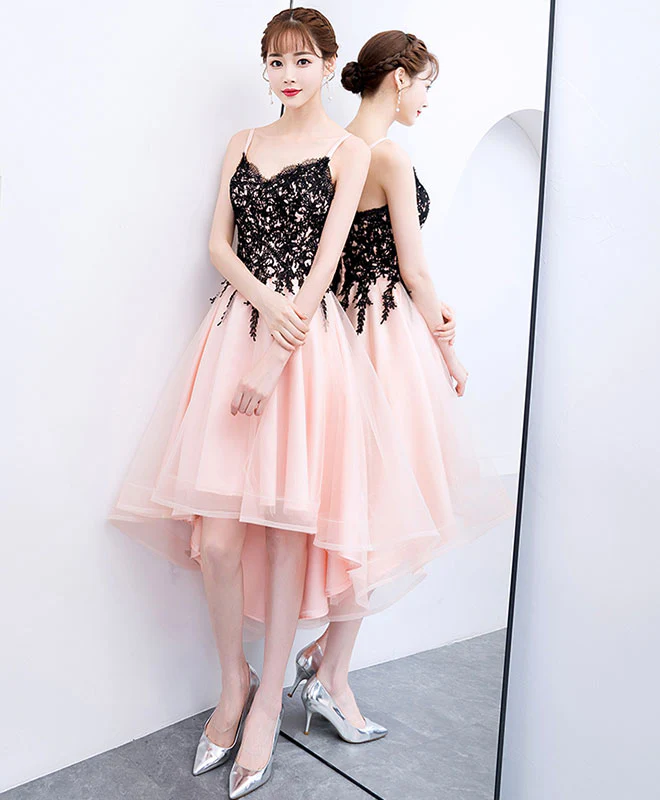 Pink V Neck Tulle Lace Short Prom Dress, Pink Homecoming Dress - Deanwangkt