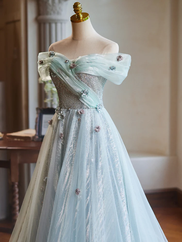 A-Line Off Shoulder Tulle Green Long Prom Dress, Green Long Evening Dress - Deanwangkt
