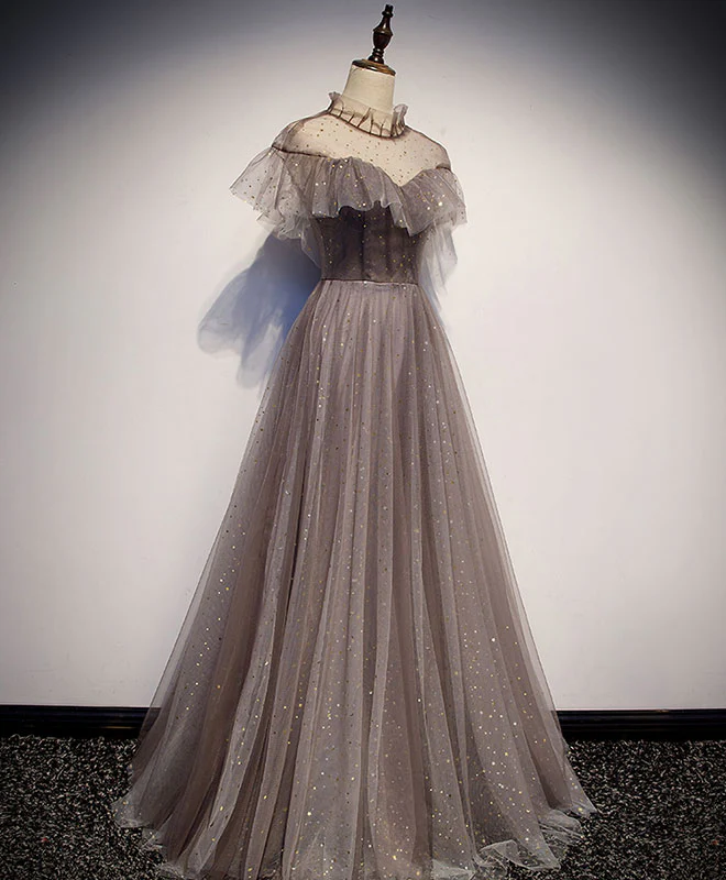 Unique Tulle Long Prom Dress, Tulle Gray Evening Dress - Deanwangkt