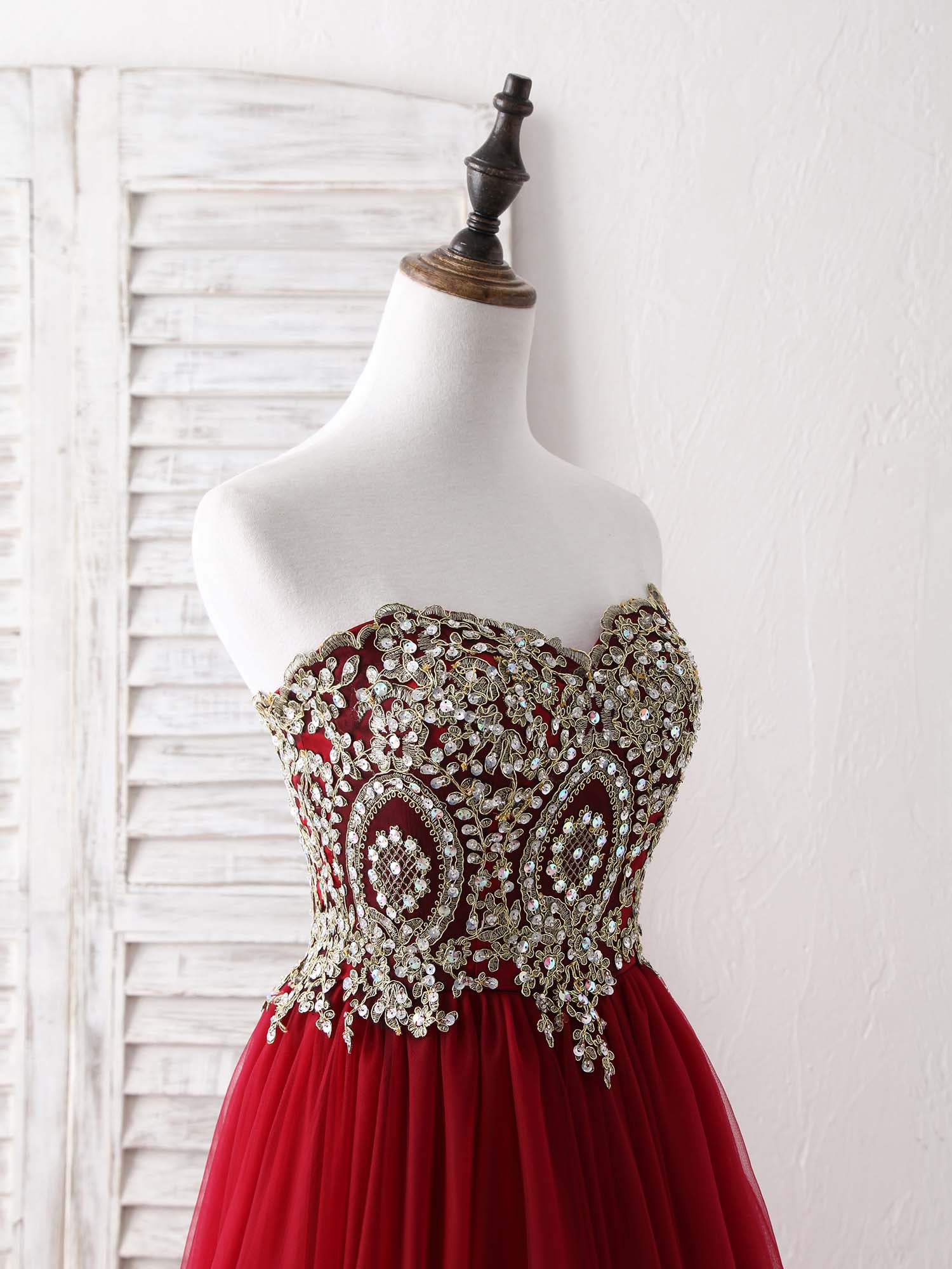 Burgundy Sweetheart Neck Lace Applique Tulle Long Prom Dresses - Deanwangkt