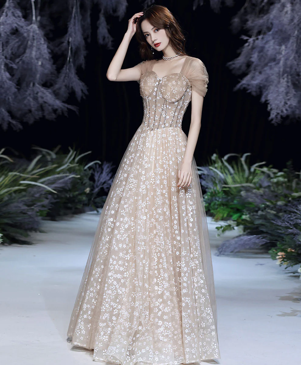 Champagne Tulle Long Prom Dress, Champagne Formal Party Dress with Beading - Deanwangkt