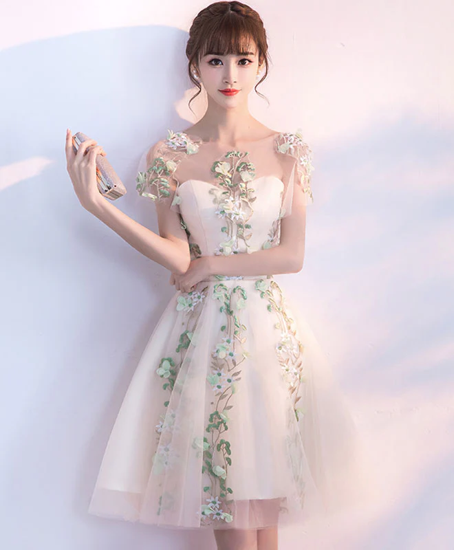 Champagne Tulle Lace Applique Short Prom Dress, Homecoming Dress - Deanwangkt