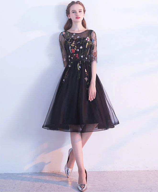 Cute Black Lace Short Prom Dress, Black Evening Dress - Deanwangkt