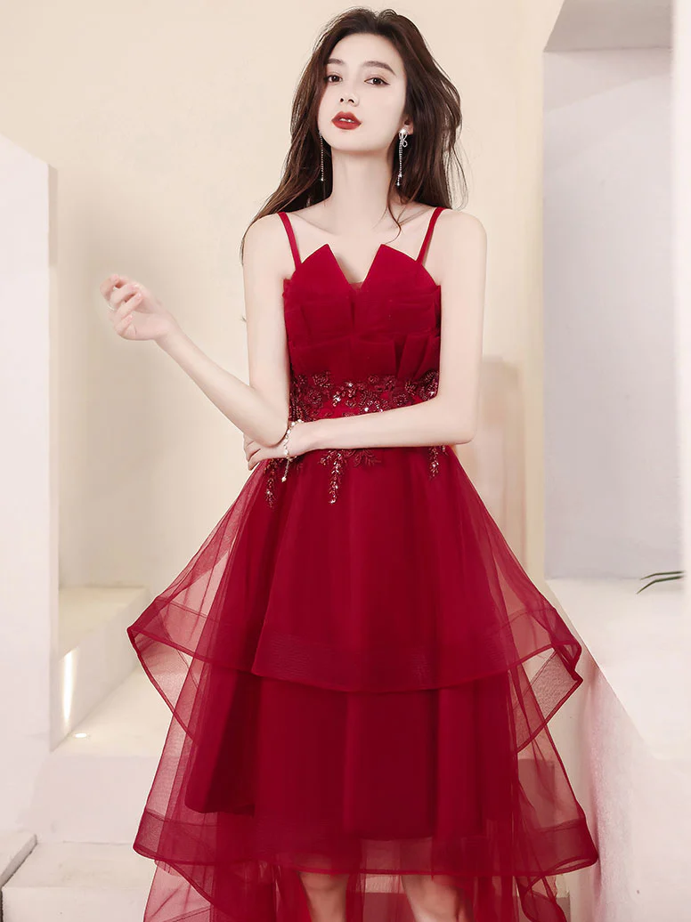 Tulle High Low Burgundy Prom Dress, Burgundy Homecoming Dress - Deanwangkt