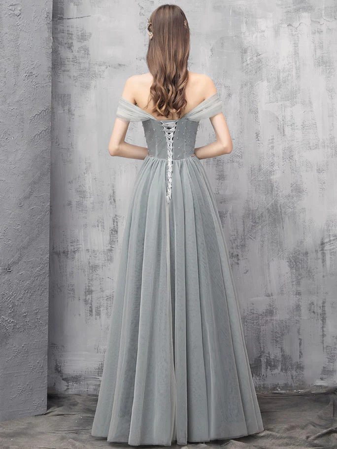 Gray A-line Off Shoulder Tulle Beads Long Prom Dress, Gray Evening Dress - Deanwangkt