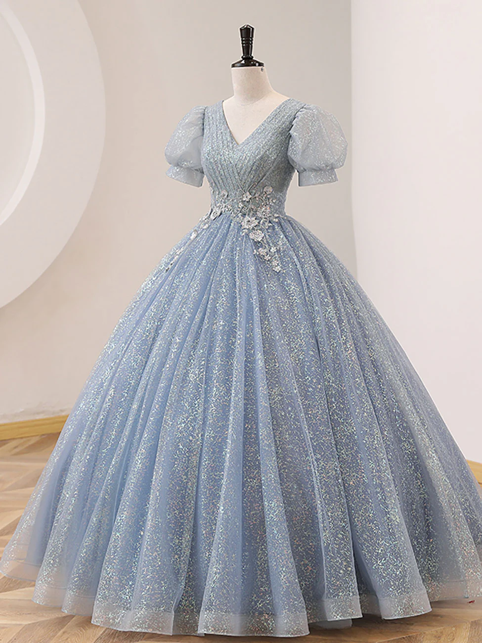 V Neck Tulle Sequin Gray Blue Long Prom Dress, Gray Blue Formal Sweet 16 Dress - Deanwangkt