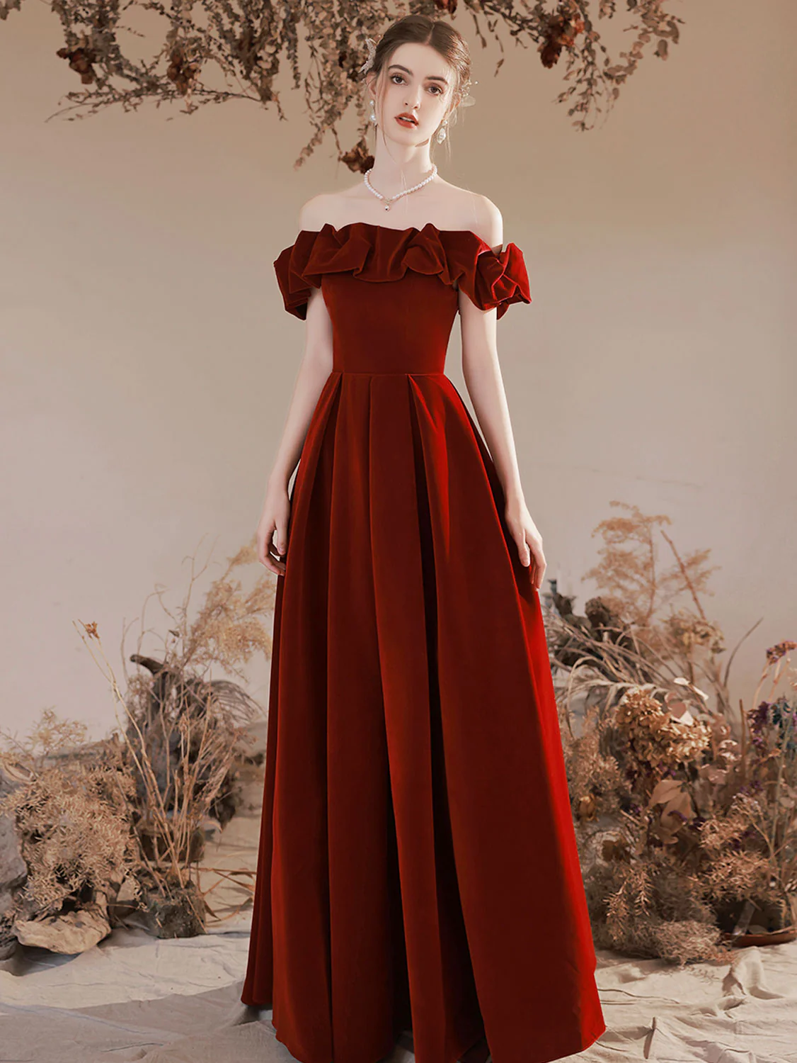 A-Line Off Shoulder Velvet Burgundy Long Prom Dress, Burgundy Evening Dresses - Deanwangkt