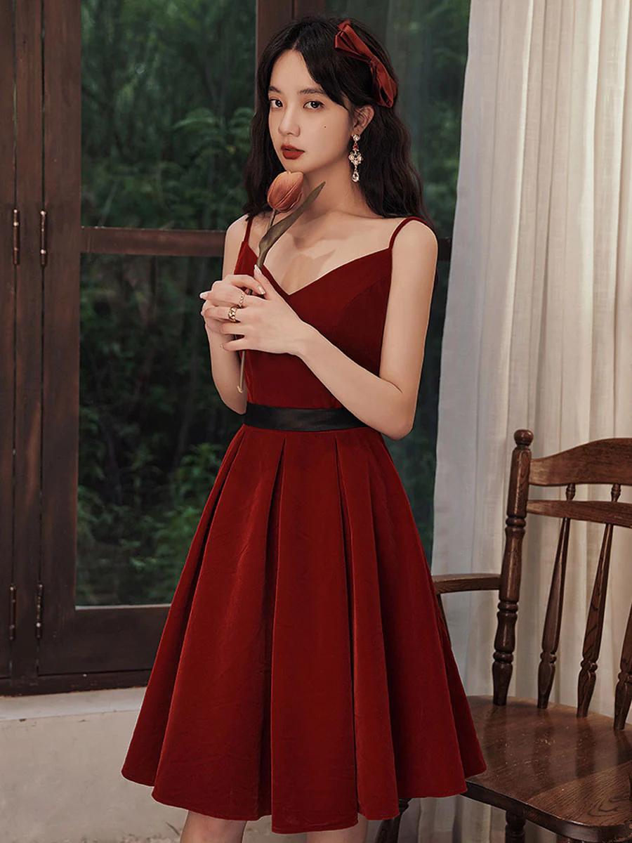 Burgundy velvet short prom dress, burgundy homecoming dress - Deanwangkt