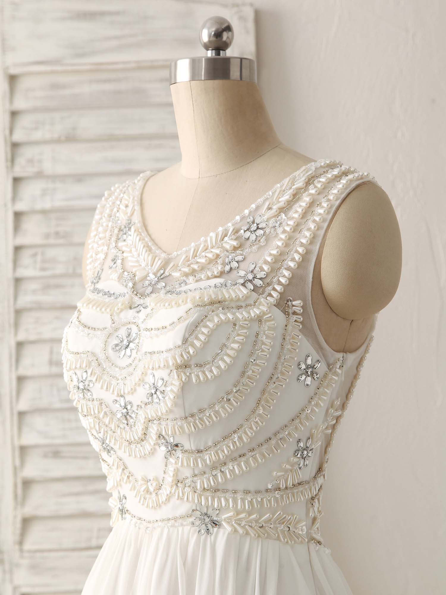 White V Neck Chiffon Long Prom Dresses, White Long Evening Dresses - Deanwangkt