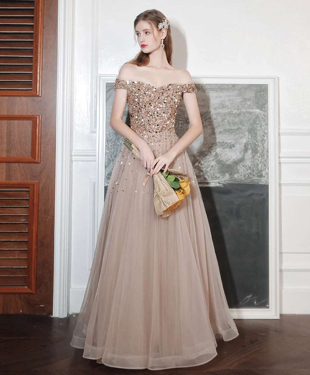 Champagne A line Long Prom Dress, Off Shoulder Champagne Formal Dress with Beading Sequin - Deanwangkt