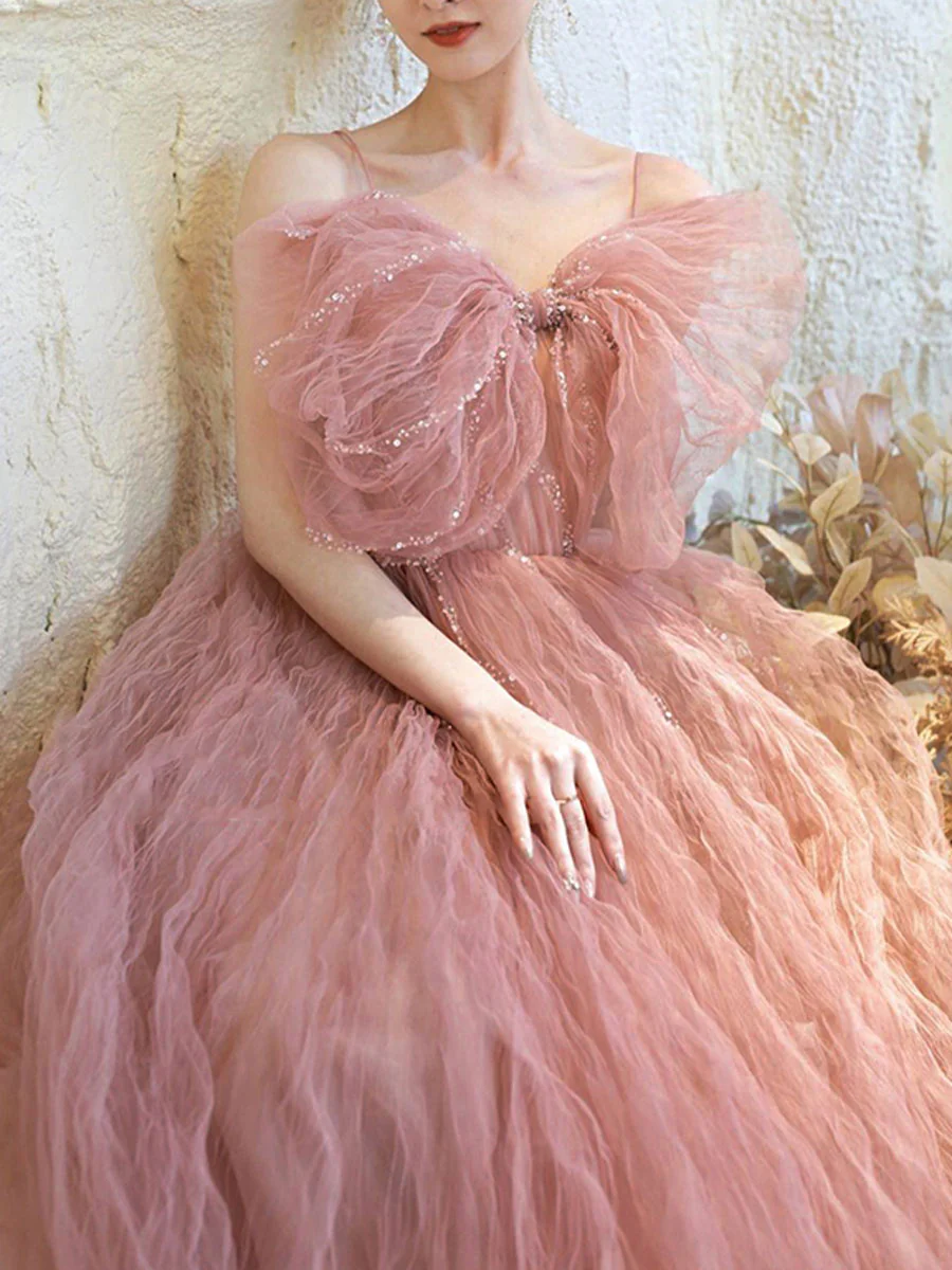 A line Pink Long Prom Dresses, Tulle Long Formal Graduation Dresses With Sequin Beading - Deanwangkt