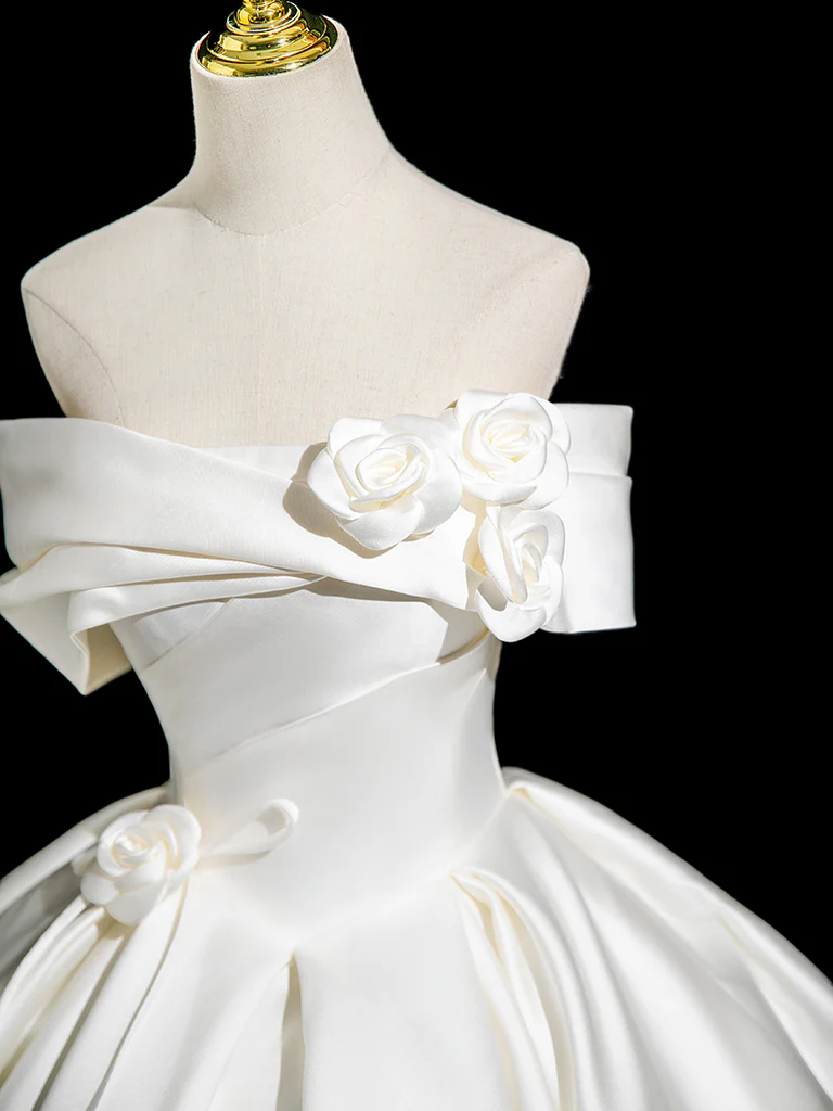 A-Line Off Shoulder Satin White Long Prom Dress, White Long Formal Dress - Deanwangkt