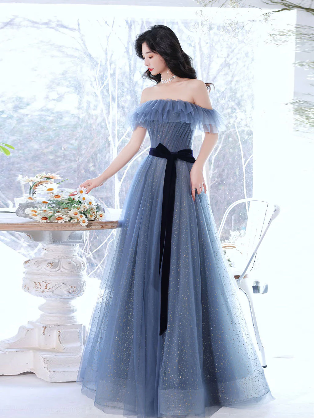 Gray Blue Tulle Long Prom Dress Gray Blue Tulle Formal Dress - Deanwangkt
