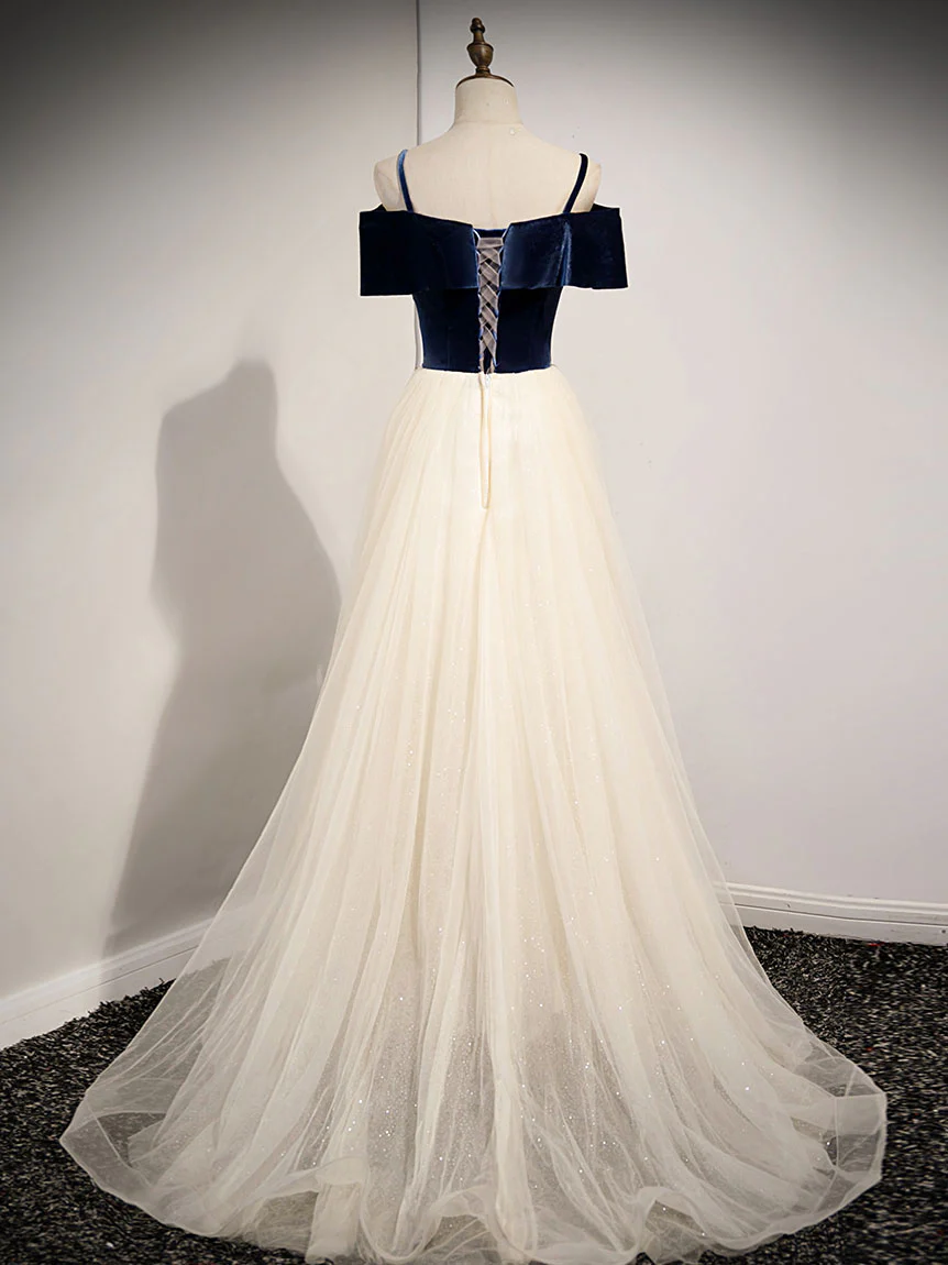 Champagne Tulle Lace Long Prom Dress, Champagne Evening Dress - Deanwangkt