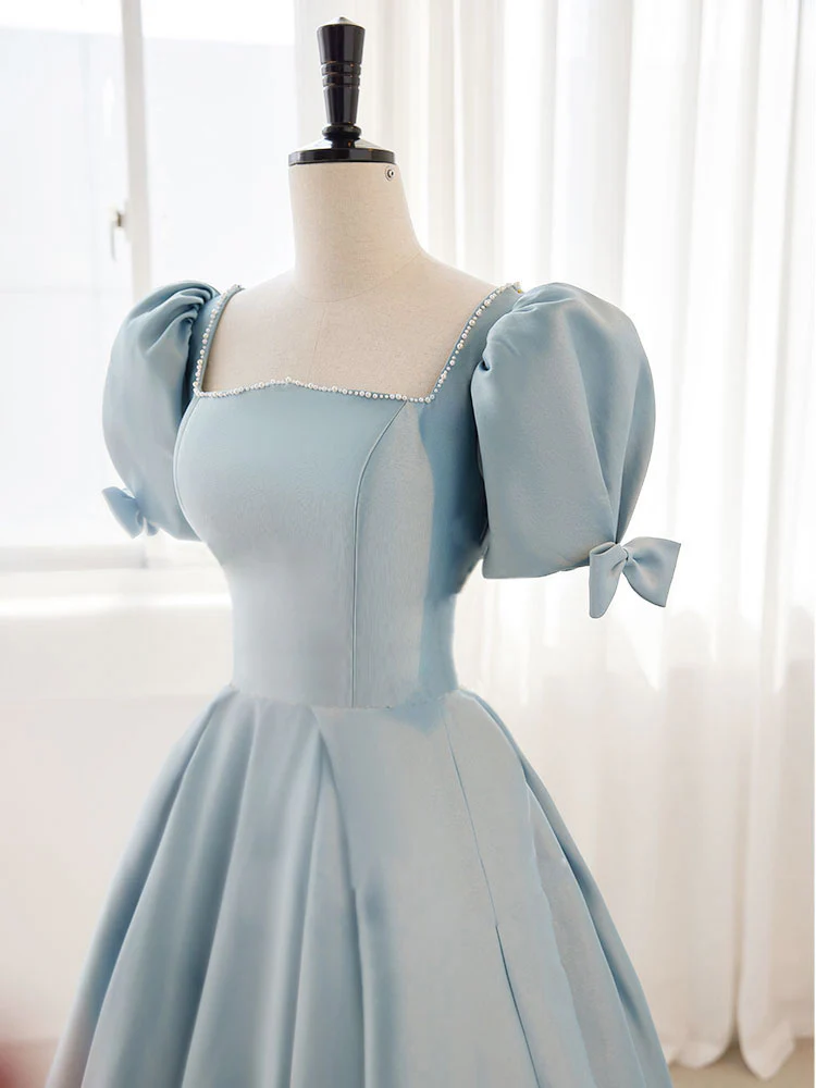 A-Line Blue Satin Puffy Sleeve Long Prom Dress, Blue Formal Dresses - Deanwangkt