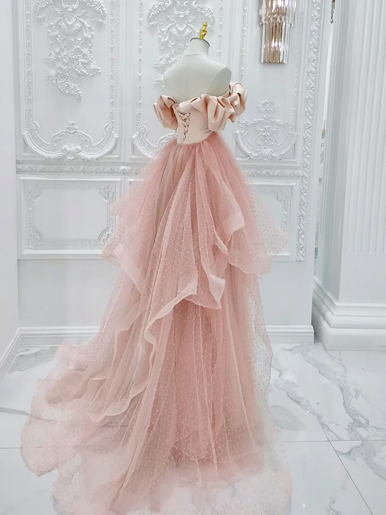 A-Line Off Shoulder Statin Tulle Pink Long Prom Dress, Pink Long Formal Dress - Deanwangkt